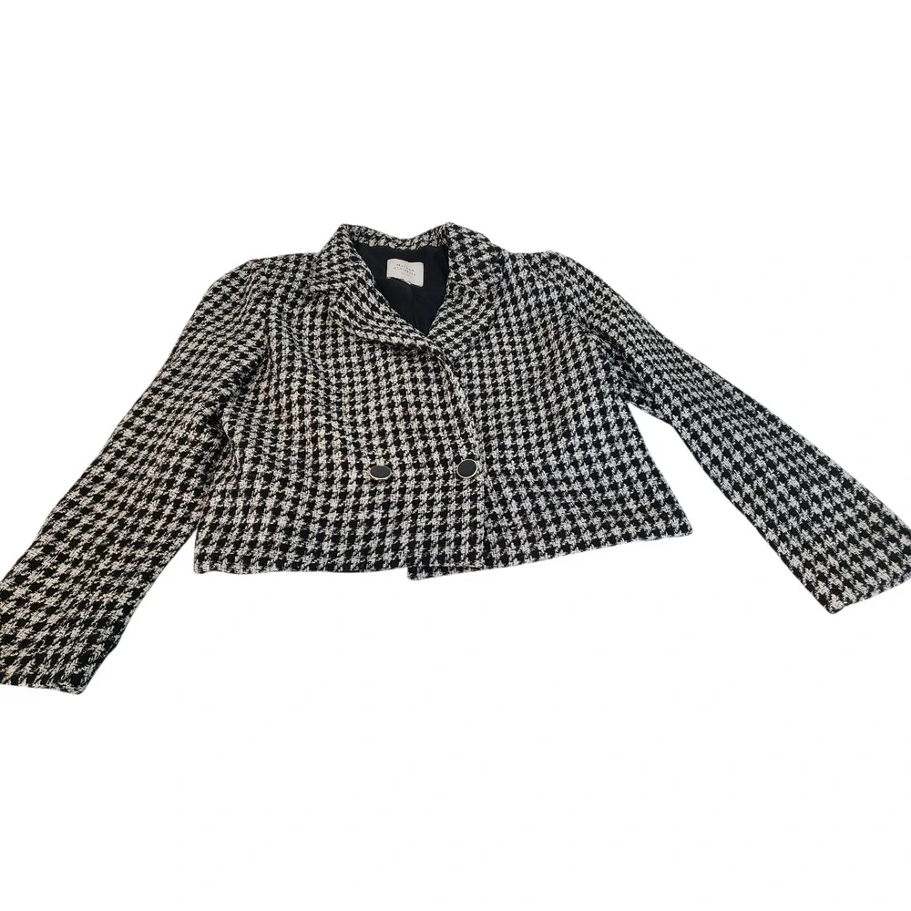 Vintage Blazer Suit Jacket Womens 12 Black White Houndstooth Cropped Tweed Paris - Picture 8 of 16